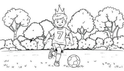 Kleurplaat van een blij jongetje met een kroon die buiten speelt met een voetbal en een vrolijk gezicht.