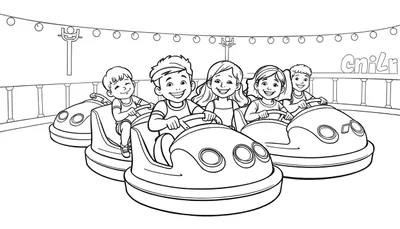 Kleurplaat van kinderen die plezier hebben op botsauto's op de kermis.