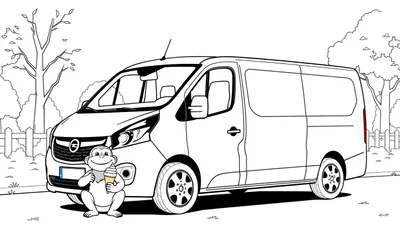 Kleurplaat van een zwart-wit tekening met een busje en een lachend aapje dat een ijsje vasthoudt, omgeven door bomen en een hek.
