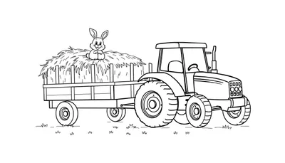 Kleurplaat van een tractor met een aanhanger vol hooi en een schattig konijntje op de hooi