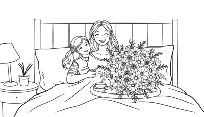 Kleurplaat van een moeder en dochter in bed met bloemen, kopje en lampje