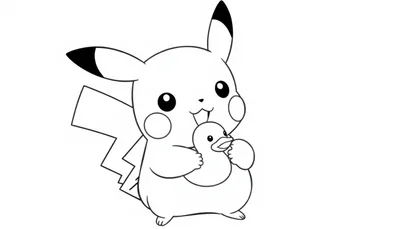 Een eenvoudige zwart-wit kleurplaat van een schattig Pikachu-achtig personage dat een badeend vasthoudt, met grote ogen en spitse oren.
