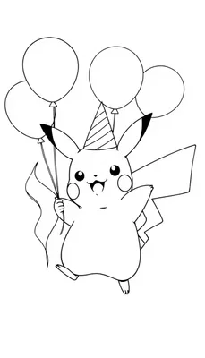 Kleurplaat van een schattige cartoon Pikachu met feesthoed en ballonnen