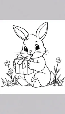 Kleurplaat van een vrolijk konijn dat een cadeau vasthoudt, omringd door bloemen en gras.