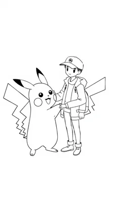 Kleurplaat van een menselijk personage die vriendelijk Pikachu vasthoudt, beide lachen samen.