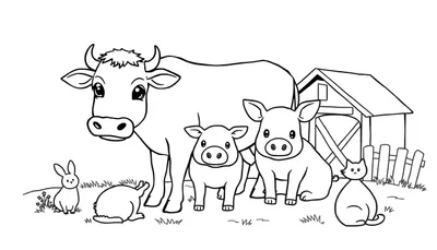Kleurplaat van een boerderij met een koe, varken, konijnen, kat, schuur en hek.