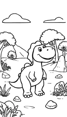Een vrolijke kleurplaat van een dinosaurus in een prehistorische omgeving met bomen en bergen, perfect voor kinderen om in te kleuren.