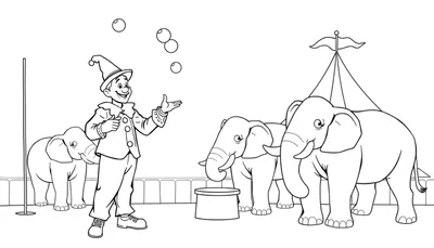 Een zwart-wit kleurplaat van een vrolijk circus met een clown die jongleert, drie olifanten bij een bak en een grote circustent met vlag.