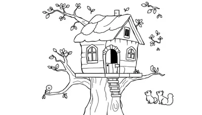 Zwart-witte kleurplaat van een lachende boomhut met dieren, klaar om ingekleurd te worden.