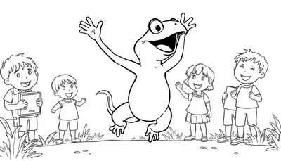 Kleurplaat van een vrolijke scène met een springende kikker en vier lachende kinderen eromheen.