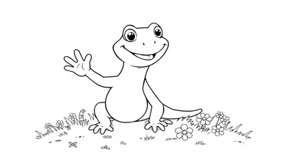 Een vrolijke, cartoonachtige hagedis die naar voren kijkt, zwaait met één poot en zit op een grasveld met bloemen, in zwart-wit voor een kleurplaat.