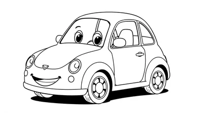 Zwart-witte kleurplaat van een lachende auto met grote ogen en een brede glimlach, die zwaait naar kinderen.