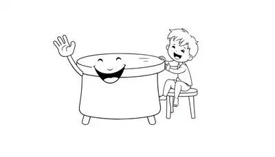 Zwart-wit kleurplaat van een lachende tafel die naar kinderen zwaait, met een kind dat naast de tafel zit op een krukje en vrolijk meedoet.