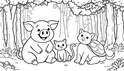 Zwart-wit kleurplaat van drie schattige dieren in het bos: een lachend varkentje, een gestreept katje en een grotere kat met een schild op de rug, allemaal klaar om ingekleurd te worden.