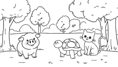 Een vrolijke kleurplaat met een varken, schildpad en kat in een landschap met gras en bomen, allemaal getekend in eenvoudige lijnen.