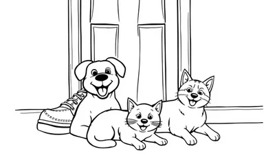 Kleurplaat van een vrolijke hond en twee blijde katten die voor een deur zitten, met een schoen rechts naast de hond. Alle dieren kijken vriendelijk en lachen.