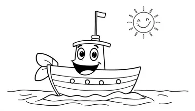 Lachende visboot en zon op een vrolijke kleurplaat voor kinderen.