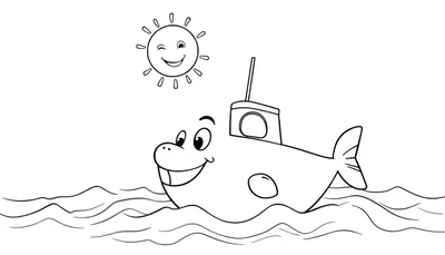 Lachende onderzeeër met gezicht en grote ogen, zwemt op golvend water onder een stralende zon met één oog dat knipoogt. Dit is een vrolijke kleurplaat voor kinderen.