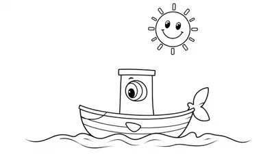 Lachende visboot en zon-kleurplaat voor kinderen. Een vrolijke tekening met een schattige boot, een grote lachende zon en een speelse zee, perfect voor een kleurboek.
