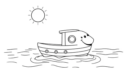 Kleurplaat van een vrolijke, lachende boot met een zon en stralen, klaar om ingekleurd te worden door kinderen.