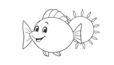 Een vrolijke vis en de zon op een kleurplaat, perfect voor kinderpret.