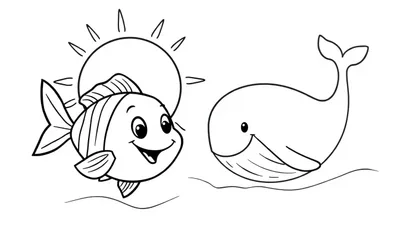 Een leuke kleurplaat van een lachende vis, een blijde walvis en een stralende zon in de oceaan.