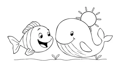Een kleurplaat van een vrolijke vis en een glimlachende walvis met een zon erboven, waterplanten en waterlijn. Geschikt voor kinderen om in te kleuren.