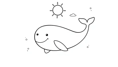 Kleurplaat van een vrolijke walvis onder een zonnetje met wolkje en luchtbellen