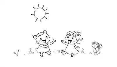 Kleurplaat van twee lachende kinderen die elkaar de hand geven, onder een zon met een eenvoudige achtergrond van gras en bloemen, geschikt voor een kinder kleurboek.