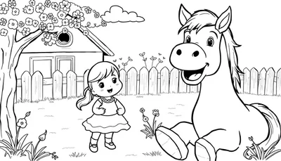 Een vrolijke kleurplaat met een lachend paard en een kleutermeisje in een landelijke omgeving.