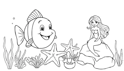 Kleurplaat met een blije vis, zeemeermin op een rots, zeesterren en zeewier onderwaterwereld, klaar om in te kleuren.