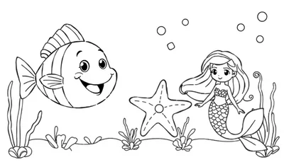 Een kleurrijke onderwaterkleurplaat met een lachende vis, een zeemeermin en een zeester, met planten en bubbels.