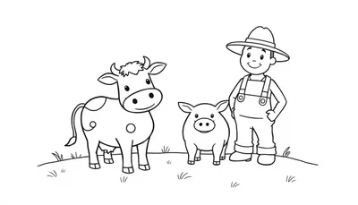 Kleurplaat van een schattige boer, koe en varken op een grasveld, perfect voor kinderen om in te kleuren.