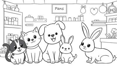Kleurplaat met schattige dieren: kat, hond en konijnen samen in een winkelkeuken