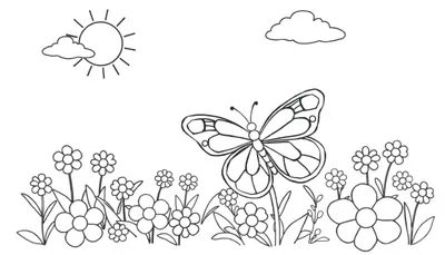 Een zwart-witte kleurplaat van een zon, wolken, bloemen en een vlinder voor kinderen om te kleuren.