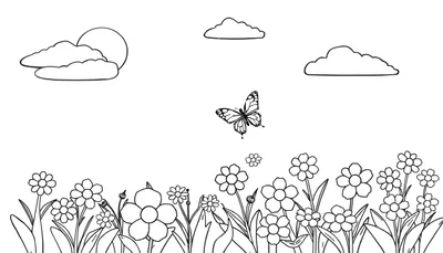 Kleurplaat met bloemen, een vliegende vlinder, wolken en een grote zon, geschikt voor kinderen om in te kleuren.