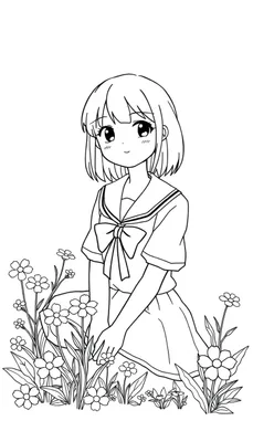 Een schattige zwart-wit kleurplaat van een meisje in een schooluniform die tussen bloemen zit, klaar om ingekleurd te worden.