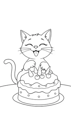 Kleurplaat van een lachende kat met een tong uit zijn mond die achter een grote feesttaart zit.