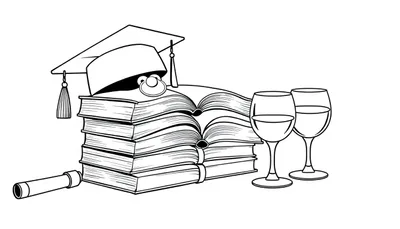 Kleurplaat van een stapel boeken met een gezicht, drie wijnglazen en een opgerold diploma, allemaal in een speelse en kleurrijke stijl.