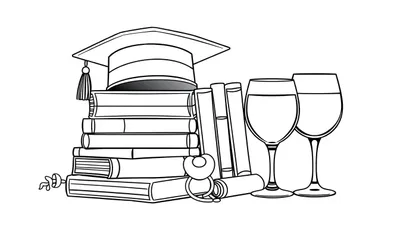 Kleurplaat van een stilleven met boeken, afstudeerhoed met kwast, diploma, en wijnglazen