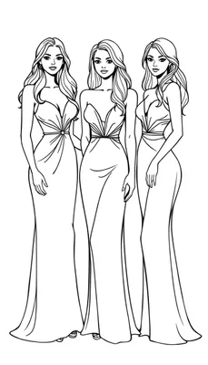 Kleurplaat van drie elegante vrouwen in lange jurken met een minimalistische stijl
