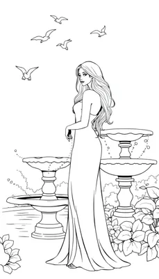 Een mooie kleurplaat van een lange, elegante vrouw in een jurk met een fontein en vogels in de lucht.