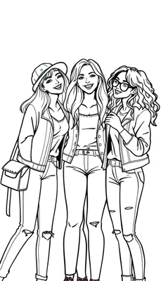 Kleurplaat van drie jonge vrouwen die samen lachen en poseren, in een zwart-witte schets. Ze dragen modieuze kleding en hebben verschillende kapsels, perfect voor een kleurplaat om in te kleuren.