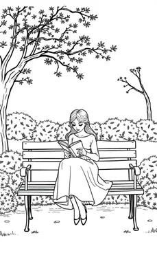 Kleurplaat van een elegante vrouw die op een bankje zit en leest, met bomen en struiken op de achtergrond.