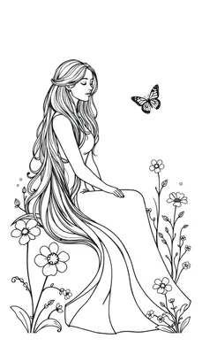 Kleurplaat van een rustige lange vrouw die met gesloten ogen zit, omringd door bloemen en een vlinder 🌸🦋.