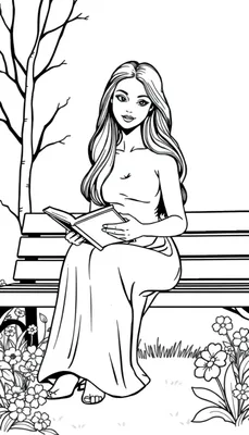 Kleurplaat van een lange, mooie vrouw die op een bankje zit en een boek leest in een tuin, omringd door bloemen en kale bomen.