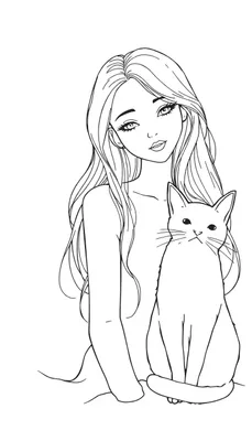Kleurplaat van een lange vrouw met golvend haar en een kat die naast haar zit, beide kijken recht vooruit.