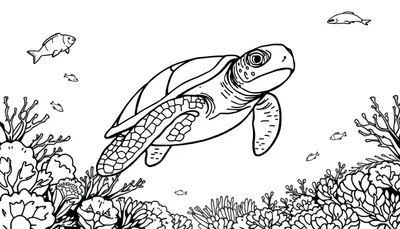 Kleurplaat van een zeeschildpad die in de oceaan zwemt, omringd door koraal en vissen.