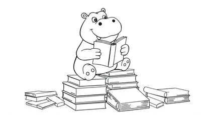Kleurplaat van een schattig nijlpaard dat op boeken zit en een boek leest, omringd door meer boeken.