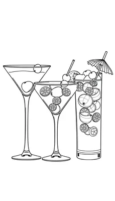 Kleurplaat van drie glazen met cocktails, een martiniglas met kers, een glas met citrusvruchten en een tropisch drankje met parasolletje, allemaal in eenvoudige lijnen voor kinderen om in te kleuren.